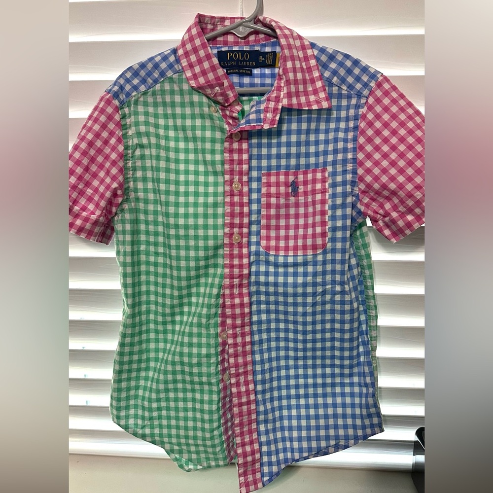 Pink, green, blue and white Polo collared shirt